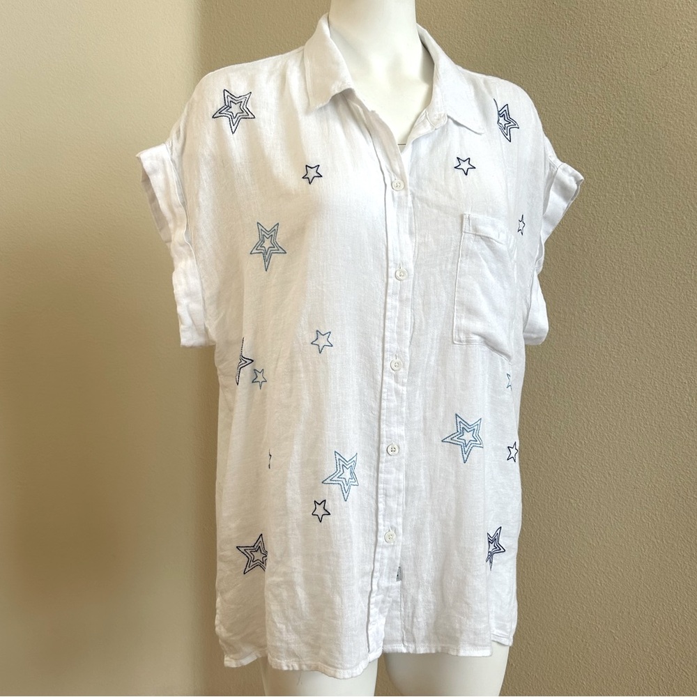 Rails NWT Whitney Navy Stitched Stars on White XL Linen Button Down - Picture 2 of 7